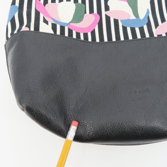 Fossil Maya Hobo Black Pebbled Leather Stripe Flower Floral Canvas Shoulder Bag - Picture 6 of 16